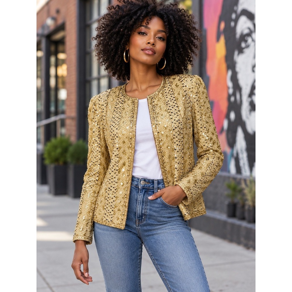 Vintage J Kara New York Gold Beaded Sequin Evening Jacket Size M 80s 90s Glam